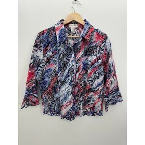 Draper's & Damon's Women's Button Front Shirt PL Ruffle Collar Burnout Printed